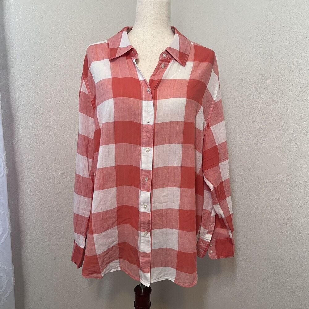 Lane Bryant Button Down Top Women Size 22/24 Orange Lightweight Cotton Plaid